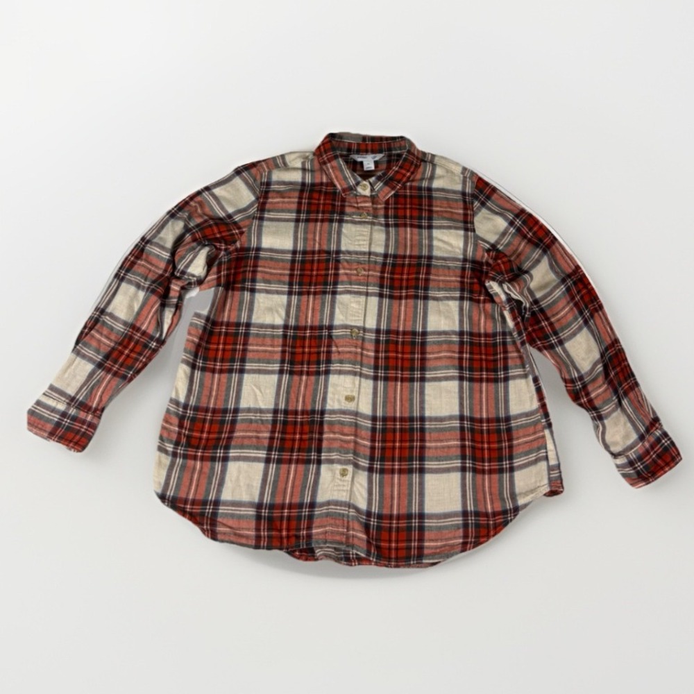 OLD‎ NAVY Womens Plaid Flannel Button Down Shirt XL Long Sleeve Red Tan Holiday
